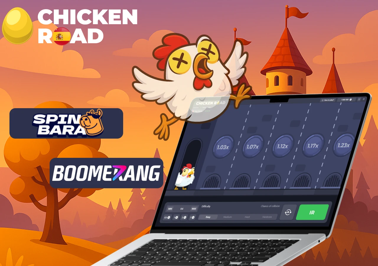 Gallina animada de Chicken Road sobre laptop con logos de SpinBara y Boomerang en fondo de castillo